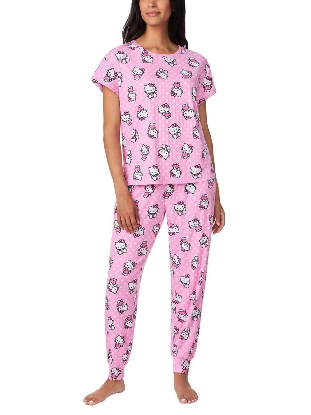 NEW Hello Kitty 2 Pc Pajama Set NWT XL Short Sleeve Top Jogger Pants Pink - Picture 6 of 10